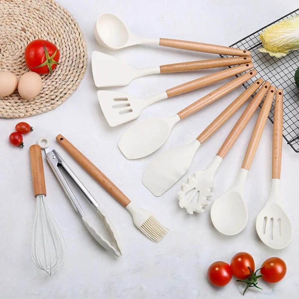 Magán: 14 darabos konyhai eszközkészlet, hőálló szilikon fejjel, tartóval, fehér