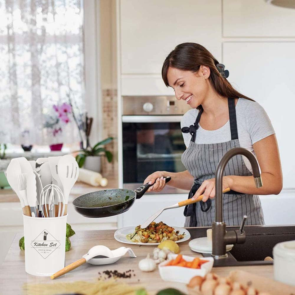 Magán: 14 darabos konyhai eszközkészlet, hőálló szilikon fejjel, tartóval, fehér