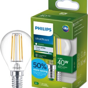 Magán: Philips LED Philips ultra efficient led kogellamp transparant – 40 w – e14 – koelwit licht – energielabel a