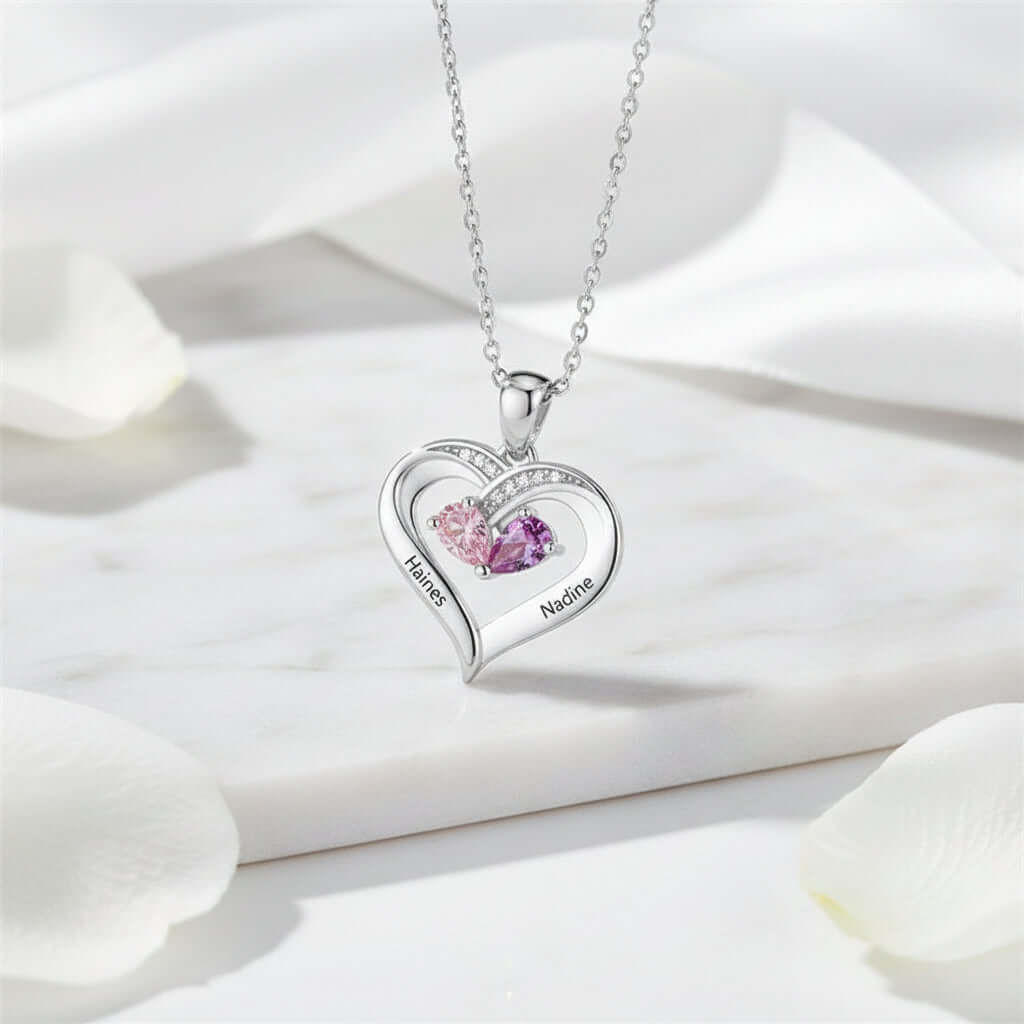 Magán: Custom Heart Gemstone Necklace – S925 Silver Personalized Name Pendant for Couples