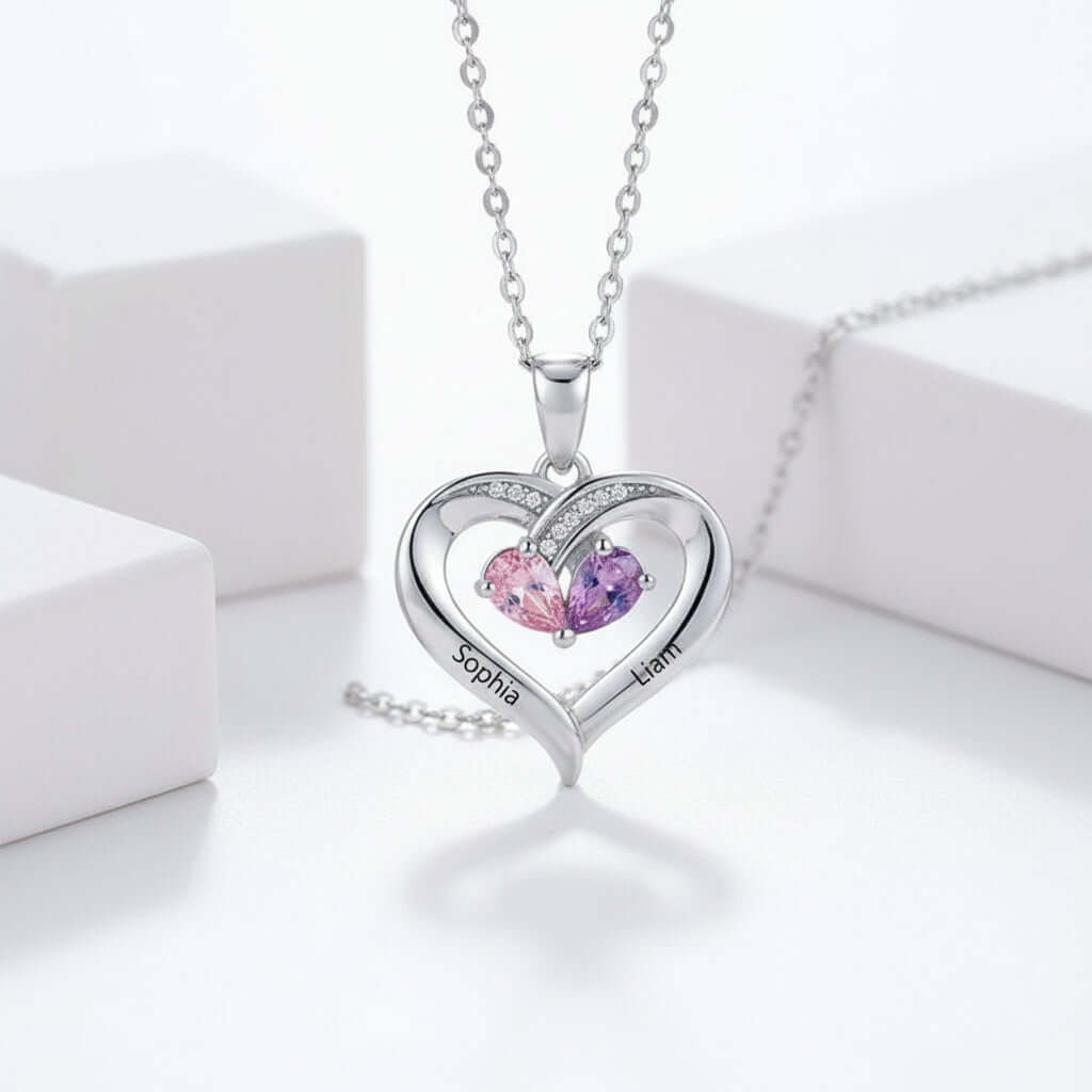 Magán: Custom Heart Gemstone Necklace – S925 Silver Personalized Name Pendant for Couples
