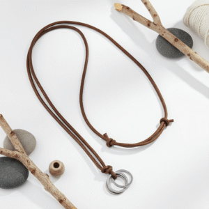 Magán: Handcrafted Leather Cord Necklace Minimalist Brown Rope Necklace with Interlocking Metal Rings