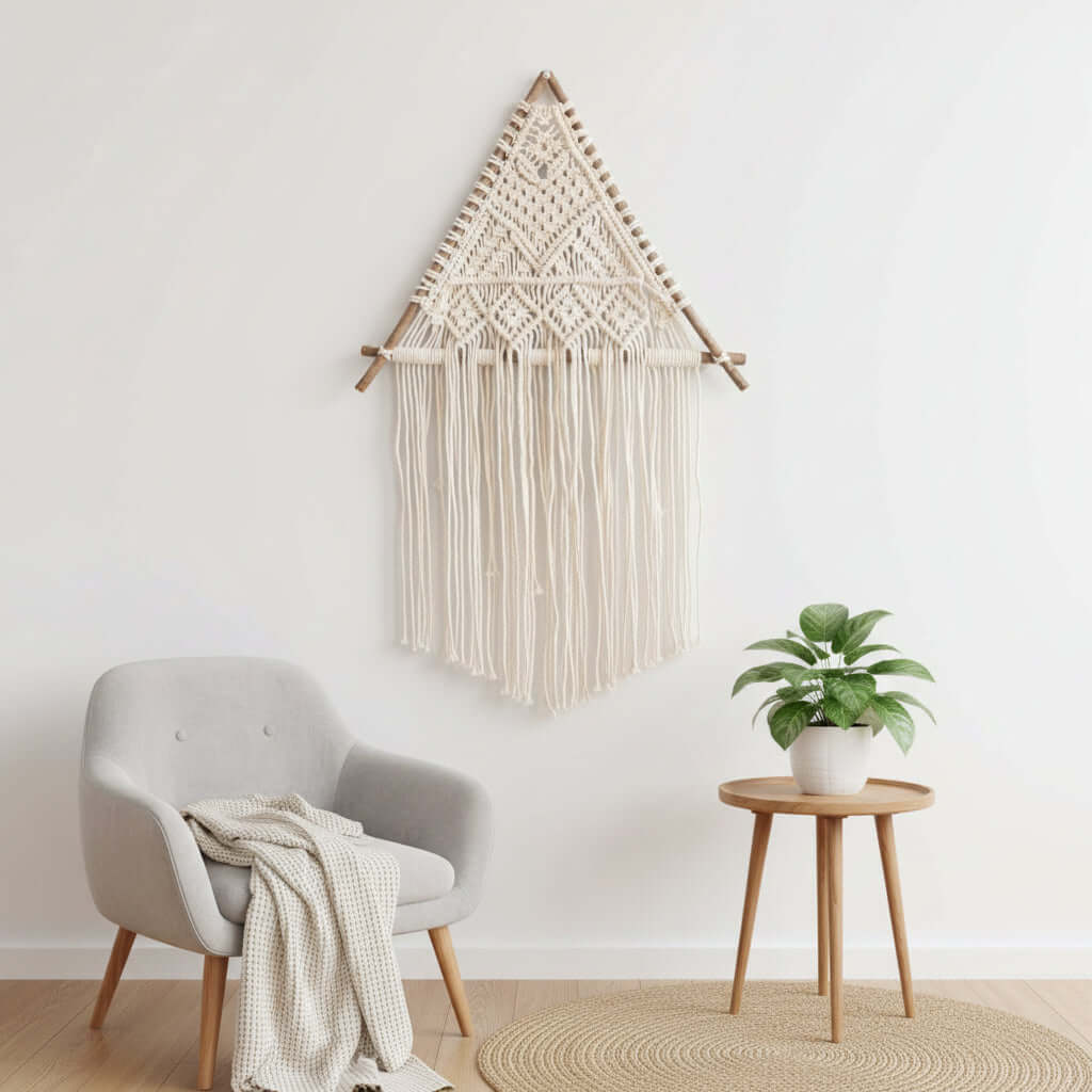 Magán: Nordic Macrame Wall Hanging – Boho Cotton Rope Tapestry with Wooden Branch
