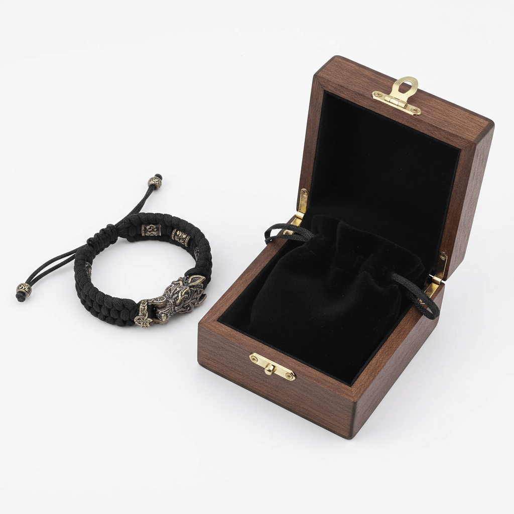 Magán: Viking Wolf Head Bracelet for Men – Handmade Braided Paracord Gift Box
