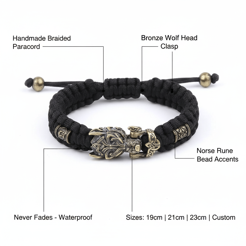 Magán: Viking Wolf Head Bracelet for Men – Handmade Braided Paracord Gift Box