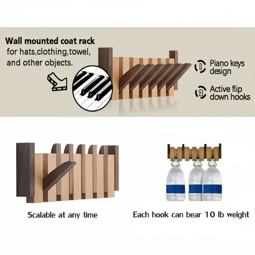 Magán: Wood wall coat rack with hooks with 6 Flip Down Magnetic Hooks