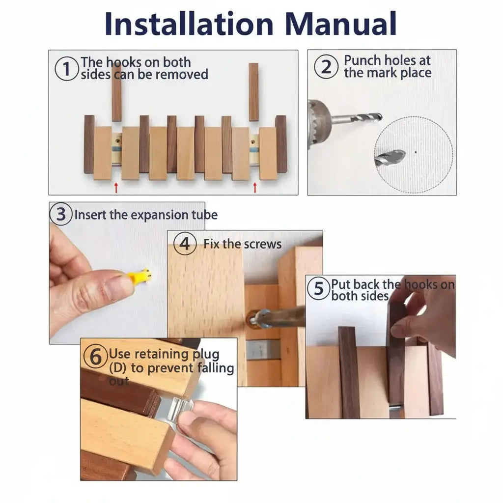 Magán: Wood wall coat rack with hooks with 6 Flip Down Magnetic Hooks
