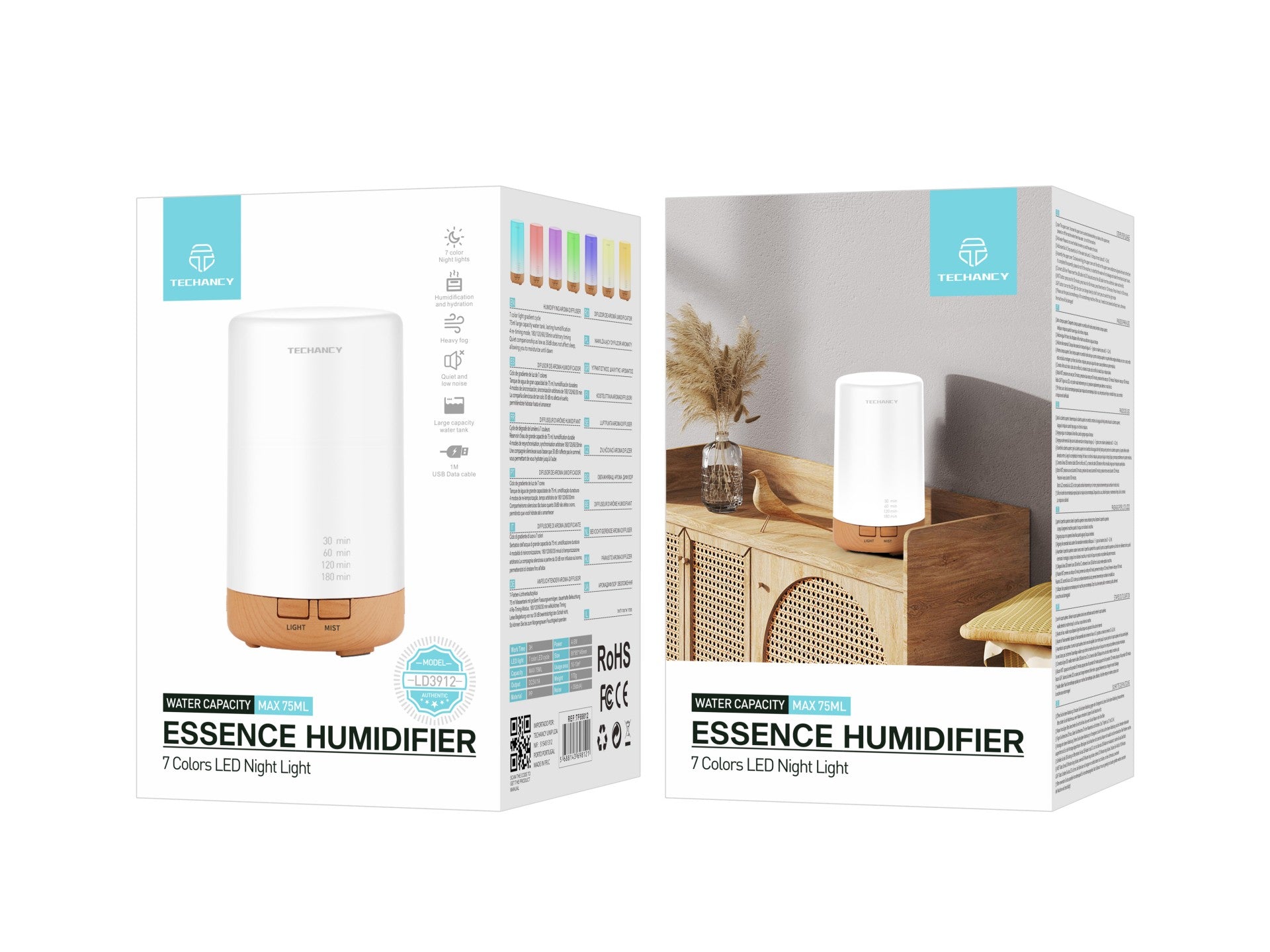 Magán: Difusor de aromaterapia Techancy, LD3912, com função humidificadora, branco + grão de madeira