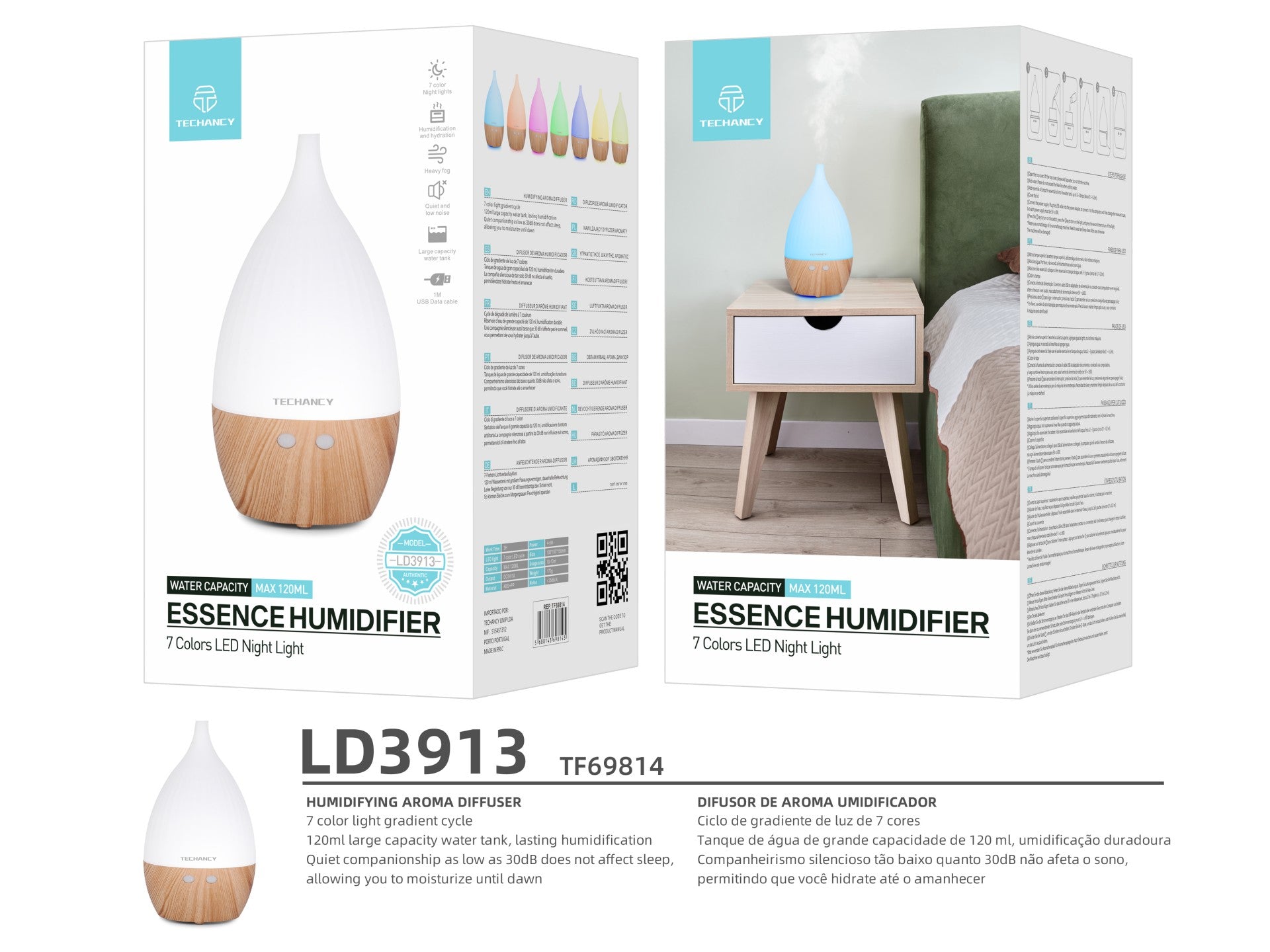 Magán: Difusor de aromaterapia Techancy, LD3913, com função de humidificação, branco + grão de madeira