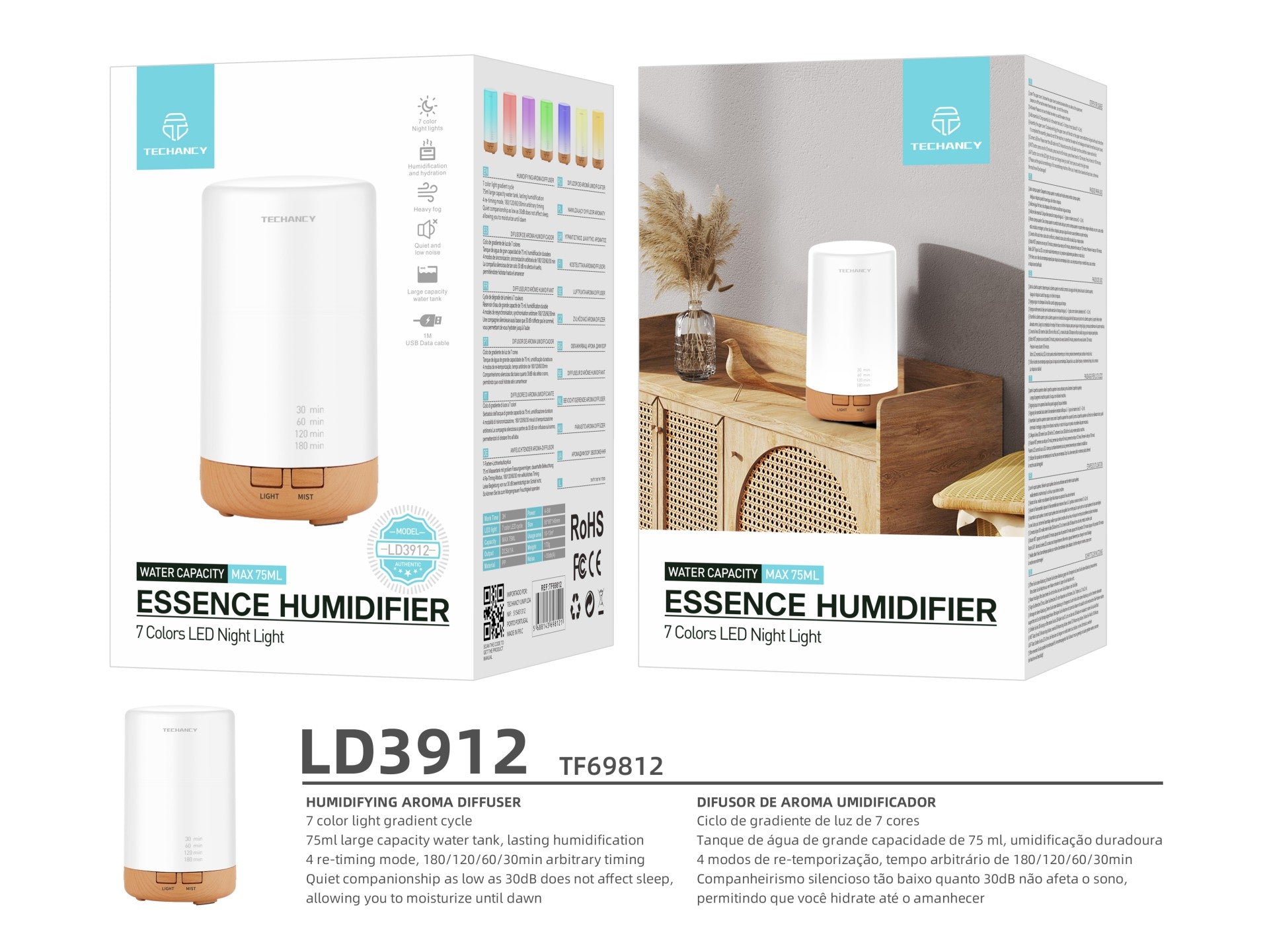 Magán: Difusor de aromaterapia Techancy, LD3912, com função humidificadora, branco + grão de madeira