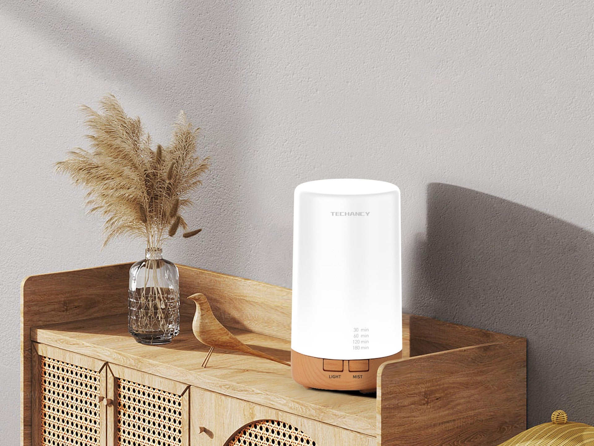 Magán: Difusor de aromaterapia Techancy, LD3912, com função humidificadora, branco + grão de madeira