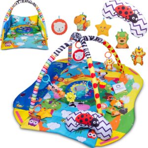 Magán: Lionelo anika plus 2-in-1 baby gym play mat – with raised edges (playpen function) – including tummy time cushion, interactive booklet 5 toys – 115×110 cm