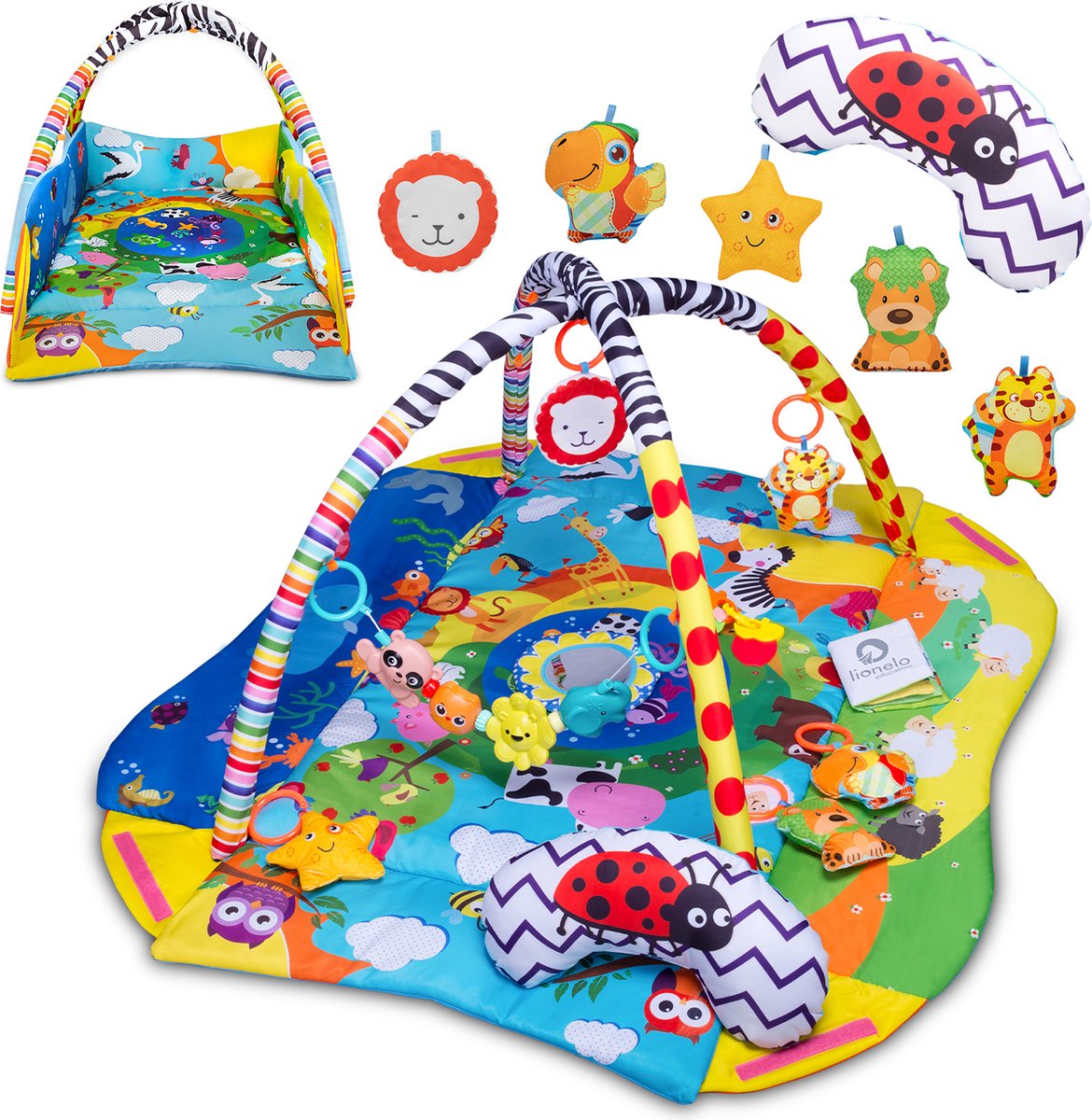 Magán: Lionelo anika plus 2-in-1 baby gym play mat – with raised edges (playpen function) – including tummy time cushion, interactive booklet 5 toys – 115×110 cm