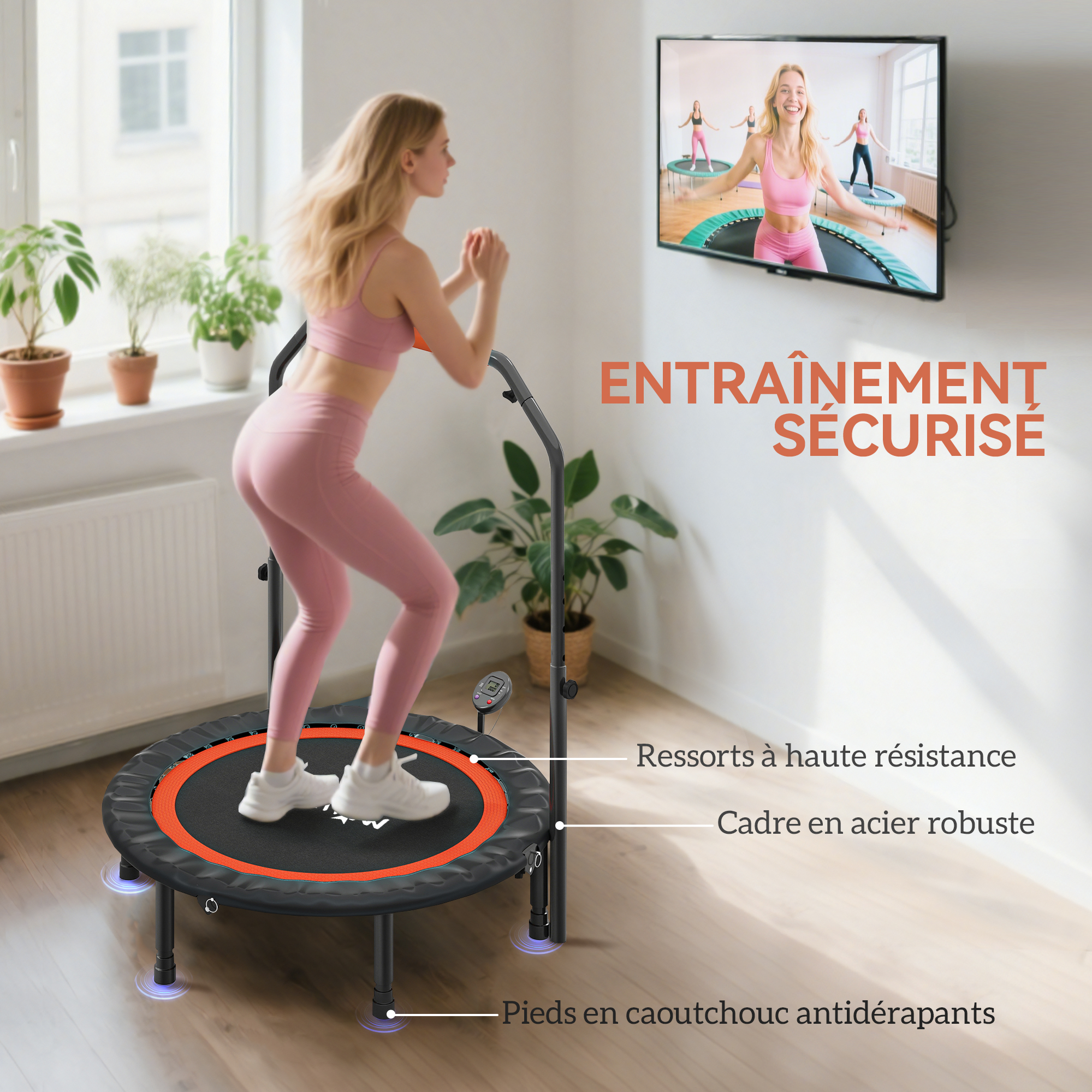 Magán: Trampoline de fitness gymnastique avec poignée réglable, pliable, 6 pieds, 28 ressorts Ø 102 cm, noir rouge