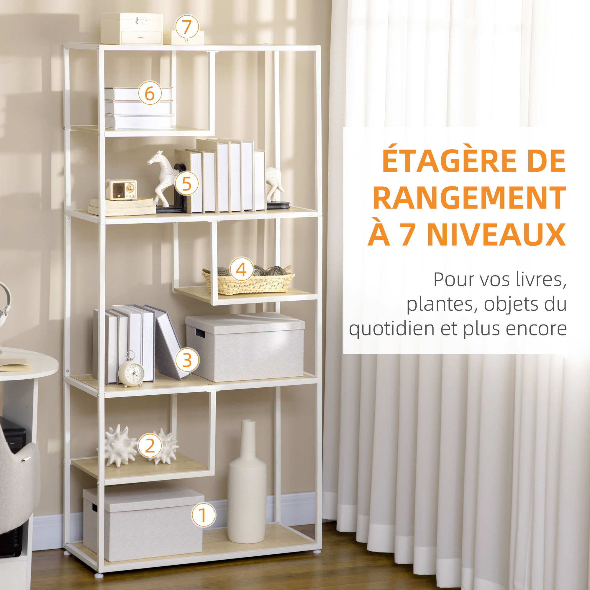 Magán: Bibliothèque étagère de rangement à 7 niveaux cadre en acier style industriel 83 x 34 x 180 cm chêne