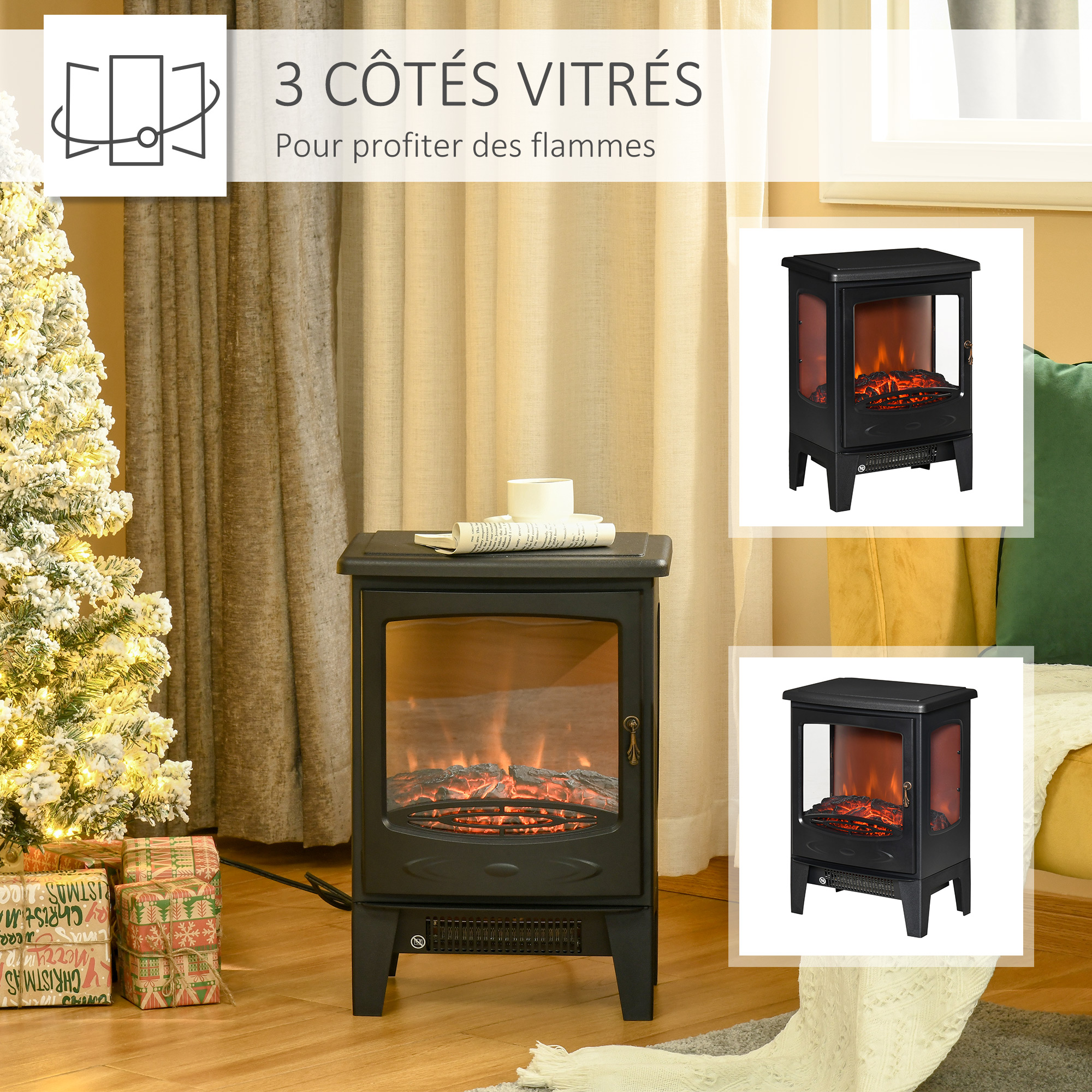 Magán: Cheminée électrique poêle Style néo-rétro 900-1800 W Simulation Flammes LED luminosité réglable Acier ABS Noir