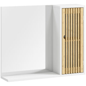 Magán: Armoire de salle de bain avec miroir, étagère, porte à lattes en bambou et étagère réglable, blanc