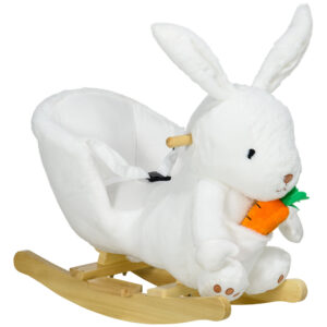 Magán: Jouet à bascule modèle lapin fonction musicale selle grand confort peluche courte douce bois peuplier 18-36 mois blanc