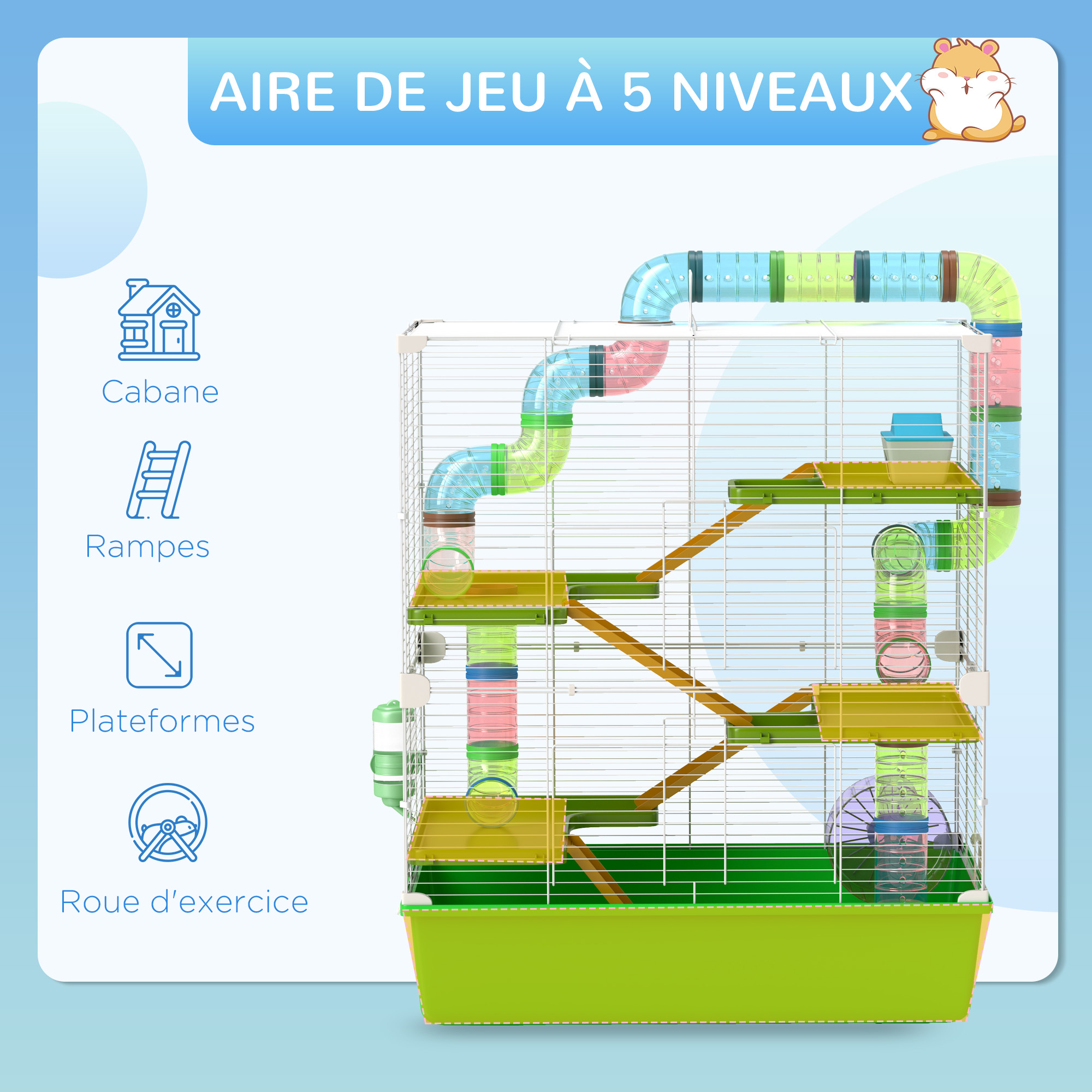 Magán: Grande cage pour hamsters cage pour rongeur 5 niveaux avec tunnels abreuvoir roue maisonnette échelles