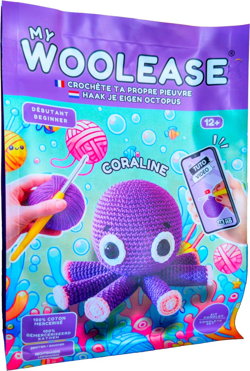 Magán: Geronimo Games My woolease – haakpakket – crochet kit – coraline the octopus – diy – vanaf 12 jaar oud –