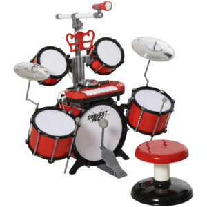 Magán: Kit de Batterie pour Enfants avec Tabouret, Clavier Électronique, Microphone, Connecté via USB, 77,5x40x76,5cm, Rouge