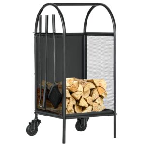 Magán: Range-bûches porte bûches sur roulettes avec accessoires pelle balai et tisonnier 37,5 x 37,5 x 80 cm noir