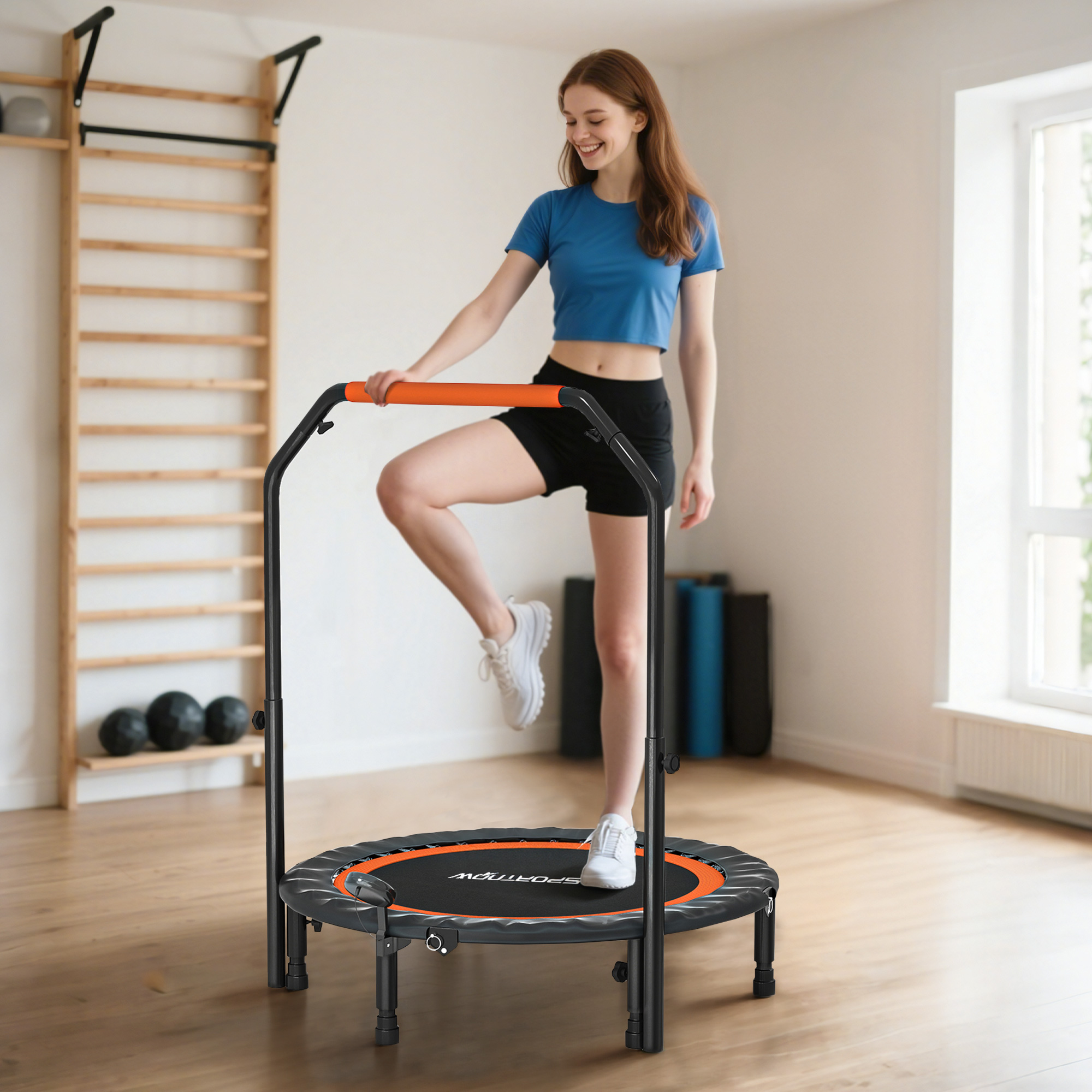 Magán: Trampoline de fitness gymnastique avec poignée réglable, pliable, 6 pieds, 28 ressorts Ø 102 cm, noir rouge