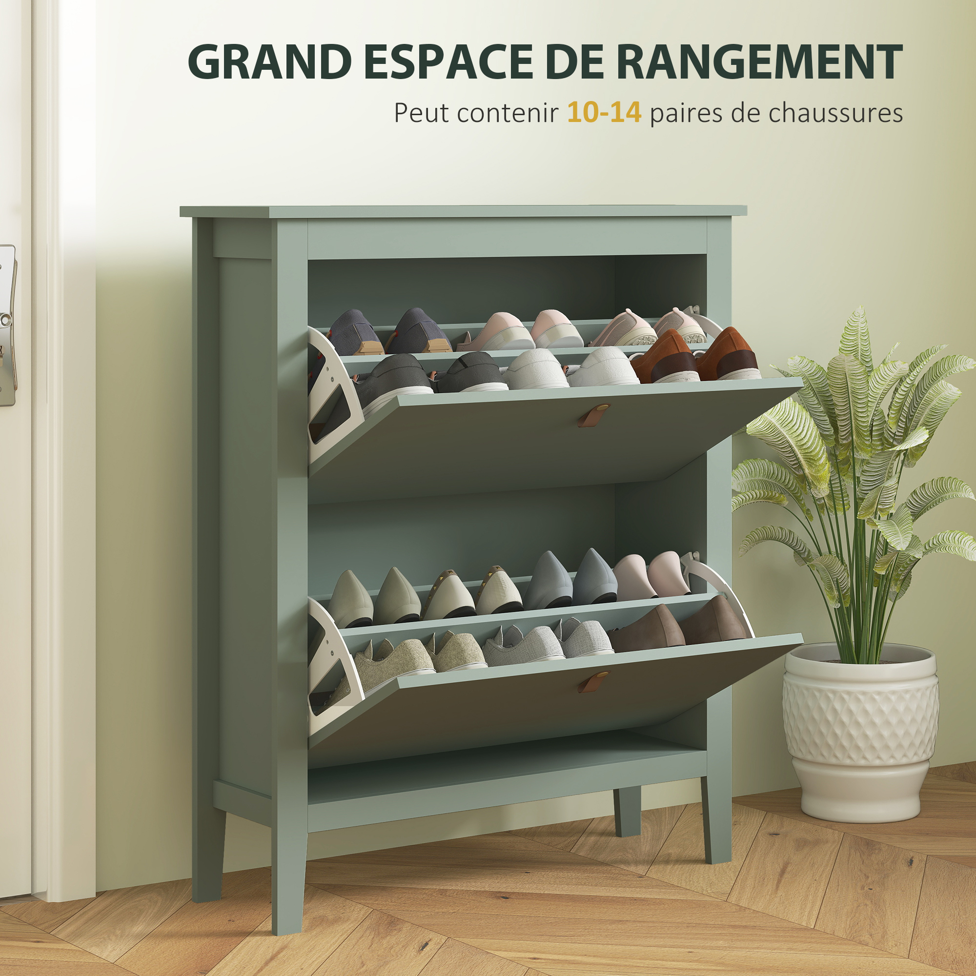 Magán: Meuble à chaussures 14 paires, armoire à chaussures avec 2 tiroirs rabattables, étagères amovibles et réglables, vert