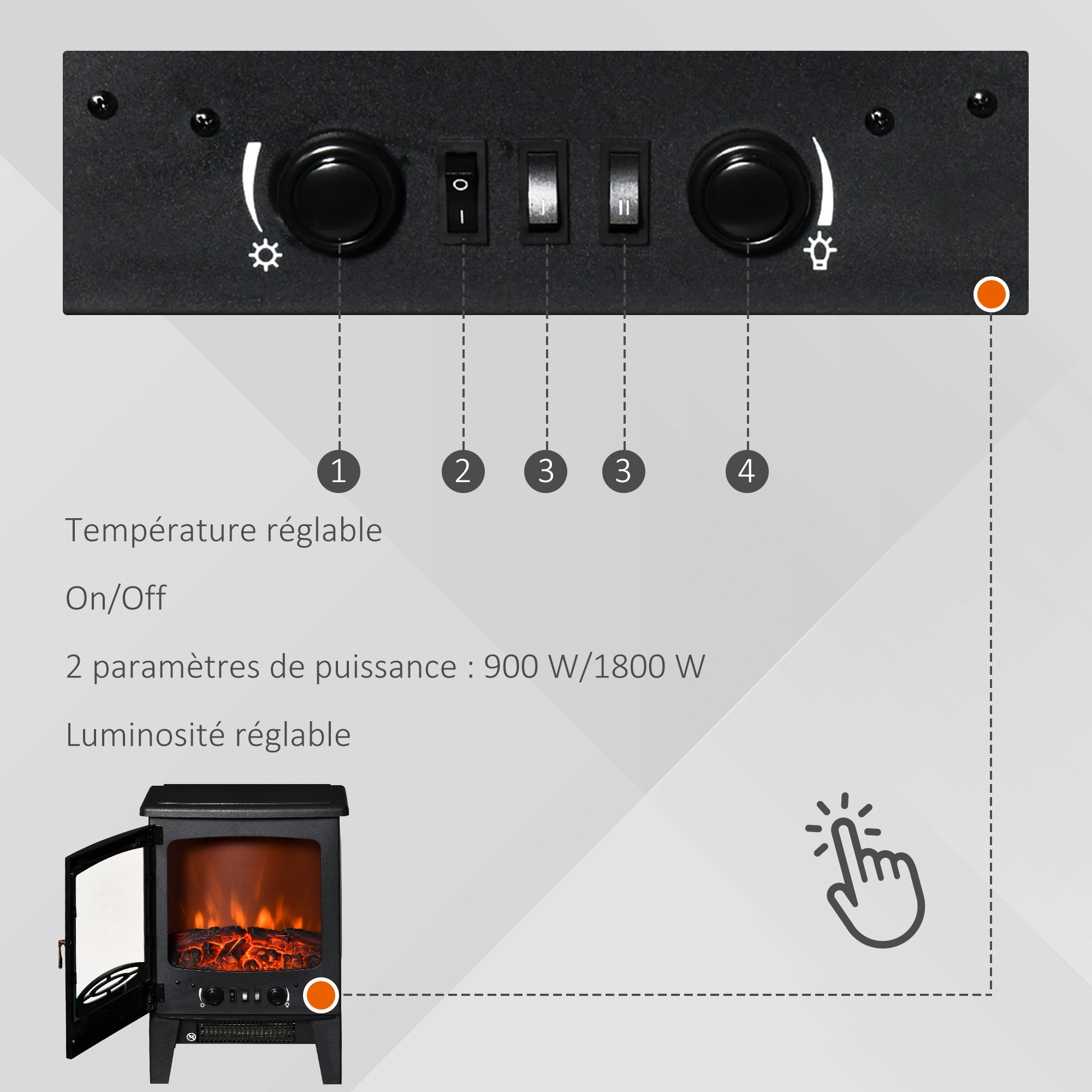 Magán: Cheminée électrique poêle Style néo-rétro 900-1800 W Simulation Flammes LED luminosité réglable Acier ABS Noir