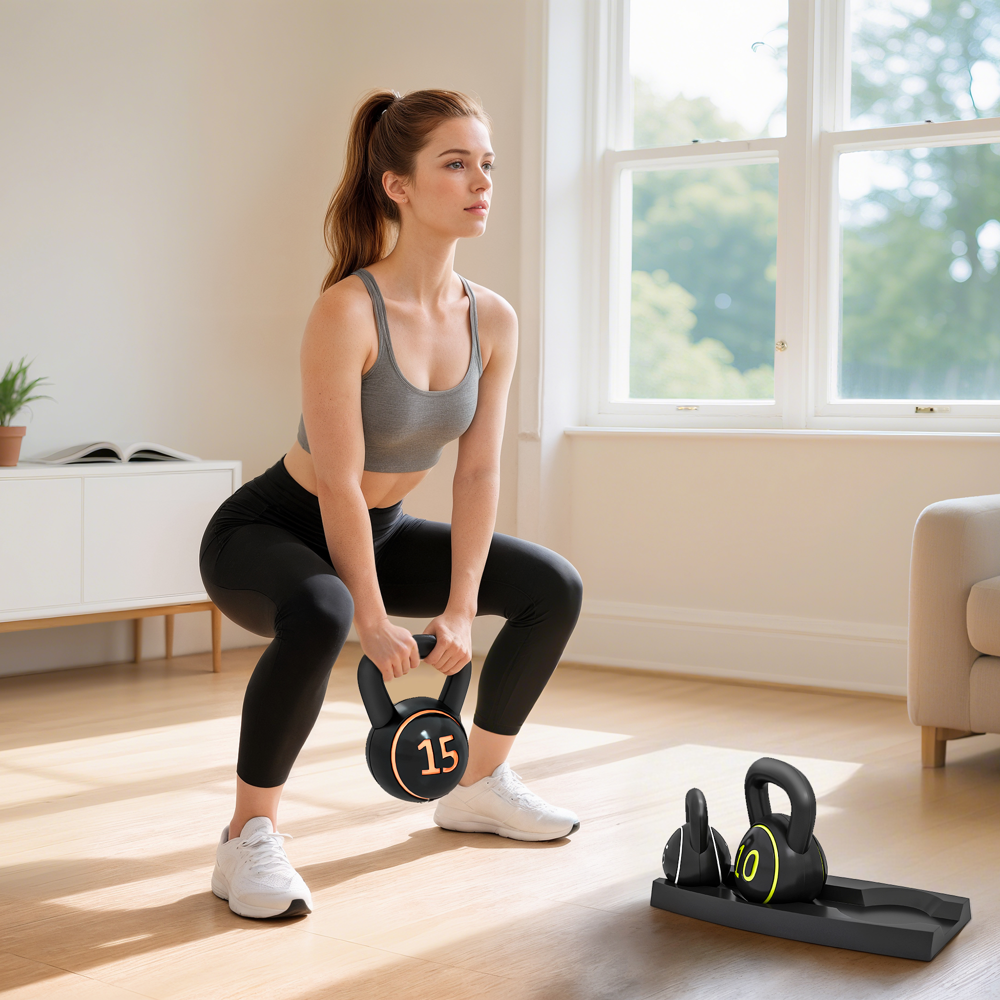 Magán: Lot de 3 kettlebells 2,2, 4,5 et 6,8 kg poignée antidérapante entraînement sport fitness avec plateau de rangement noir