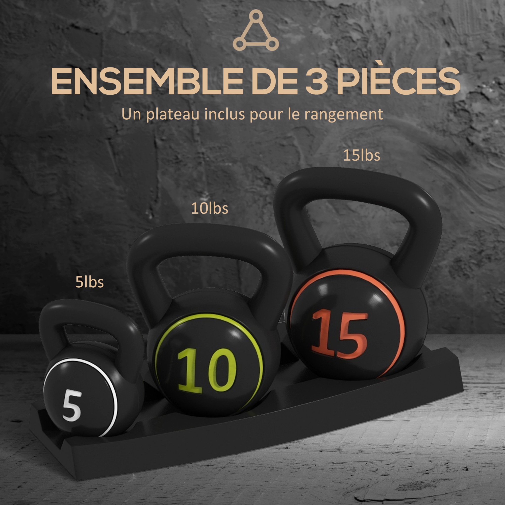 Magán: Lot de 3 kettlebells 2,2, 4,5 et 6,8 kg poignée antidérapante entraînement sport fitness avec plateau de rangement noir