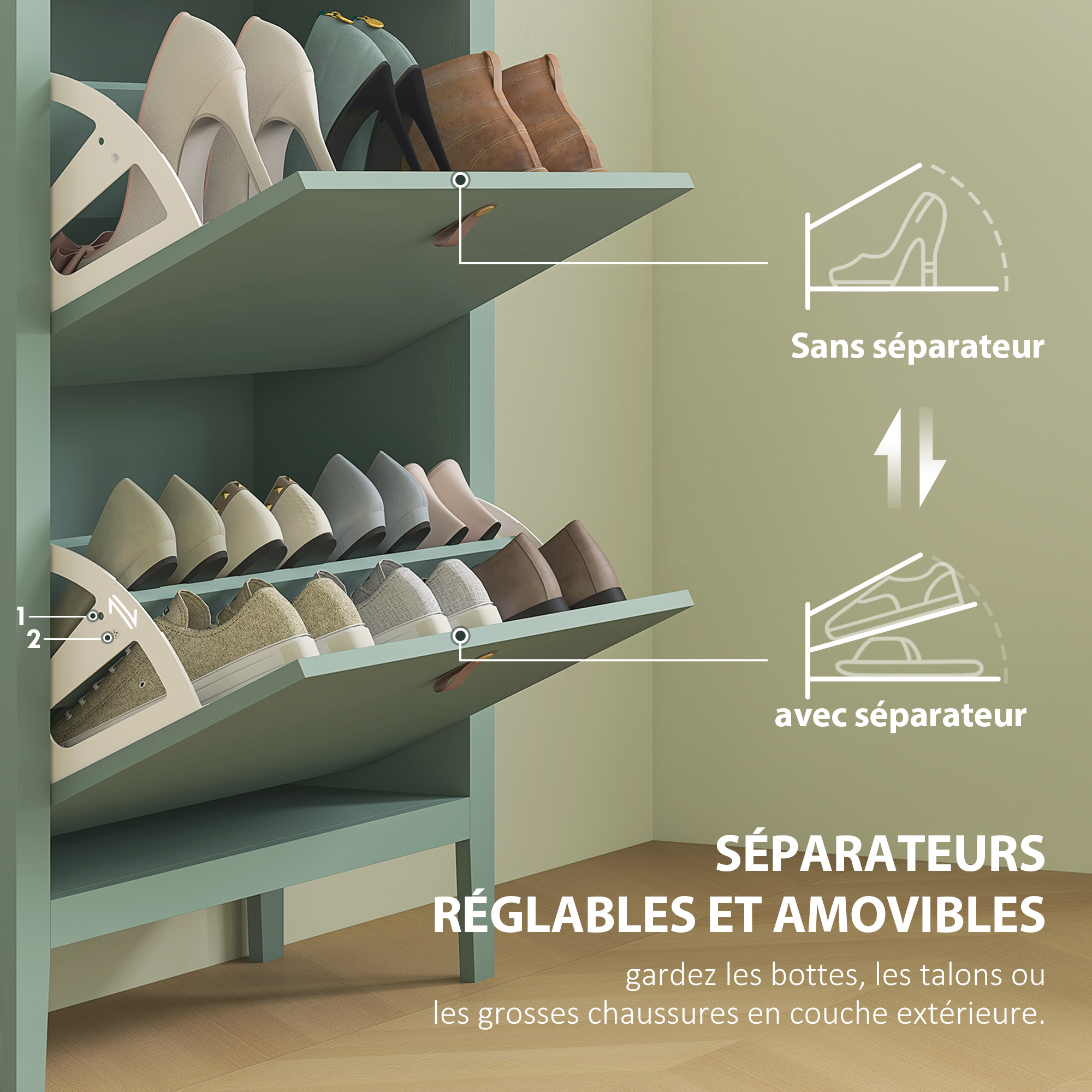 Magán: Meuble à chaussures 14 paires, armoire à chaussures avec 2 tiroirs rabattables, étagères amovibles et réglables, vert