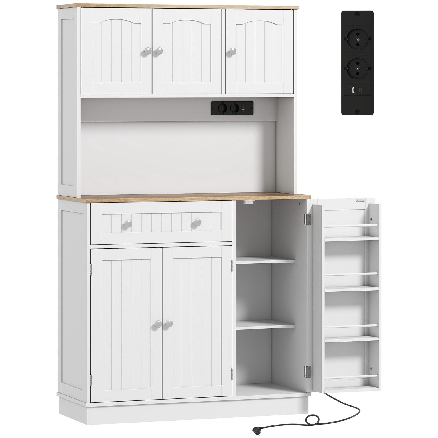 Magán: Buffet haut cuisine, armoire de cuisine, station de charge, 6 portes, plan de travail, porte-épices, 100x40x173cm, blanc