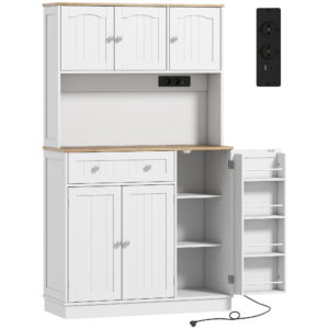 Magán: Buffet haut cuisine, armoire de cuisine, station de charge, 6 portes, plan de travail, porte-épices, 100x40x173cm, blanc