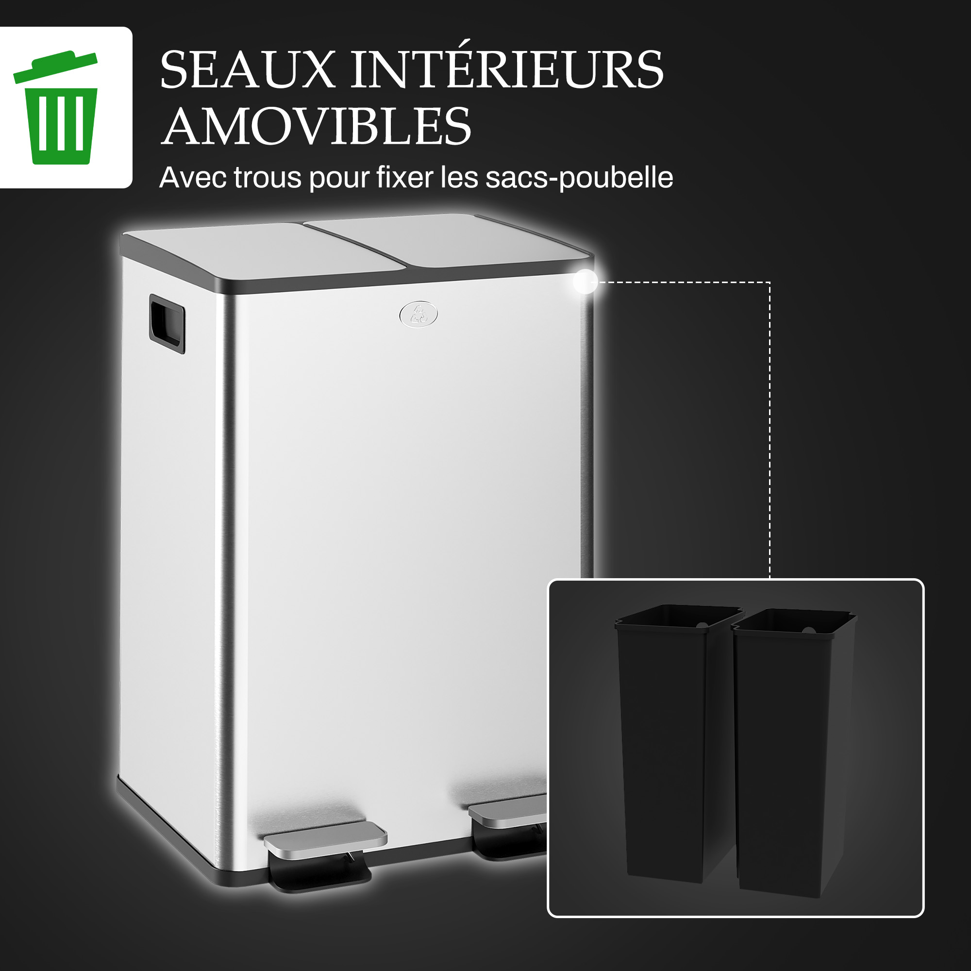 Magán: Poubelle de cuisine double, 2 x 28L, 2 couvercles à fermeture douce, seaux intérieurs amovibles et poignées
