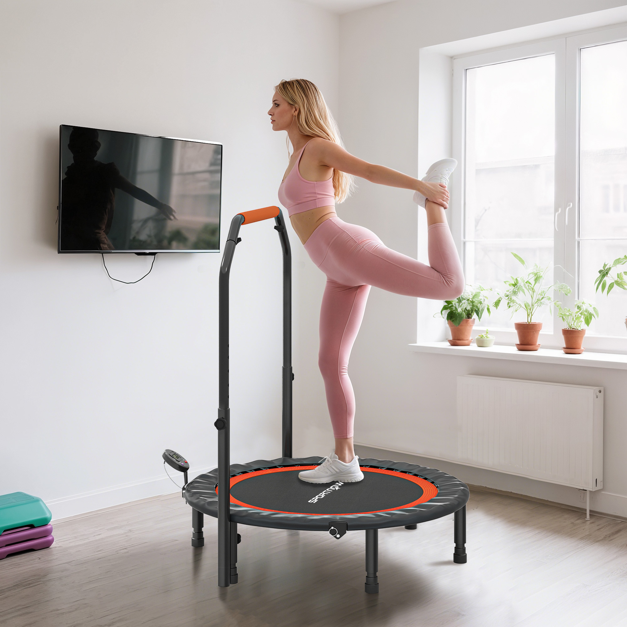 Magán: Trampoline de fitness gymnastique avec poignée réglable, pliable, 6 pieds, 28 ressorts Ø 102 cm, noir rouge