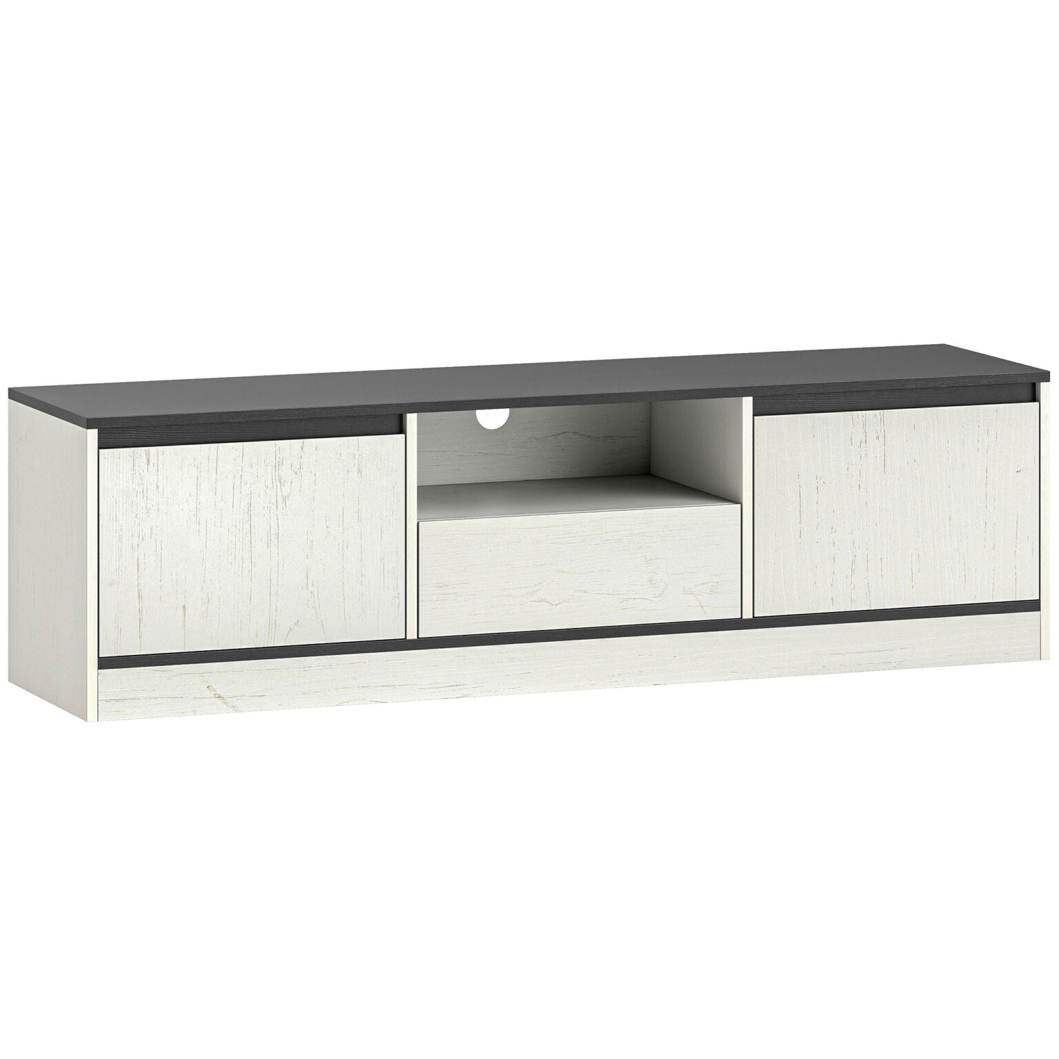 Magán: Meuble TV pour Télévision jusqu’à 60″ avec 2 Armoires, 1 Étagère Ouverte, 1 Tiroir, Moderne, 140x35x40cm, Noir et Blanc