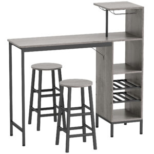 Magán: Ensemble table de bar avec tabourets, table à manger debout avec 2 chaises de bar étagères, casiers à vin, bois naturel