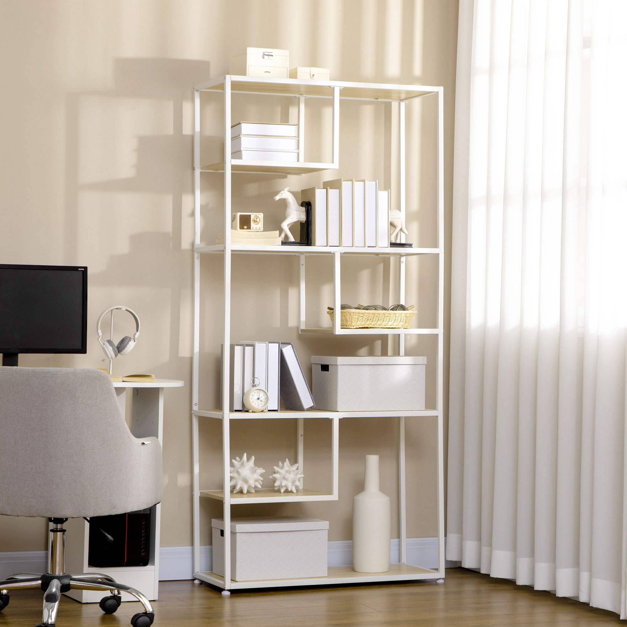 Magán: Bibliothèque étagère de rangement à 7 niveaux cadre en acier style industriel 83 x 34 x 180 cm chêne