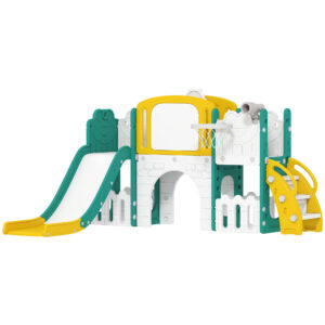 Magán: Toboggan pour enfant 7 en 1 avec panier de basket, télescope, rangement, tunnel, escalade, tableau de dessin, jaune