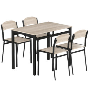 Magán: Ensemble table à manger 5 pièces avec 4 chaises lateau MDF coloris bois de chêne châssis métal noir