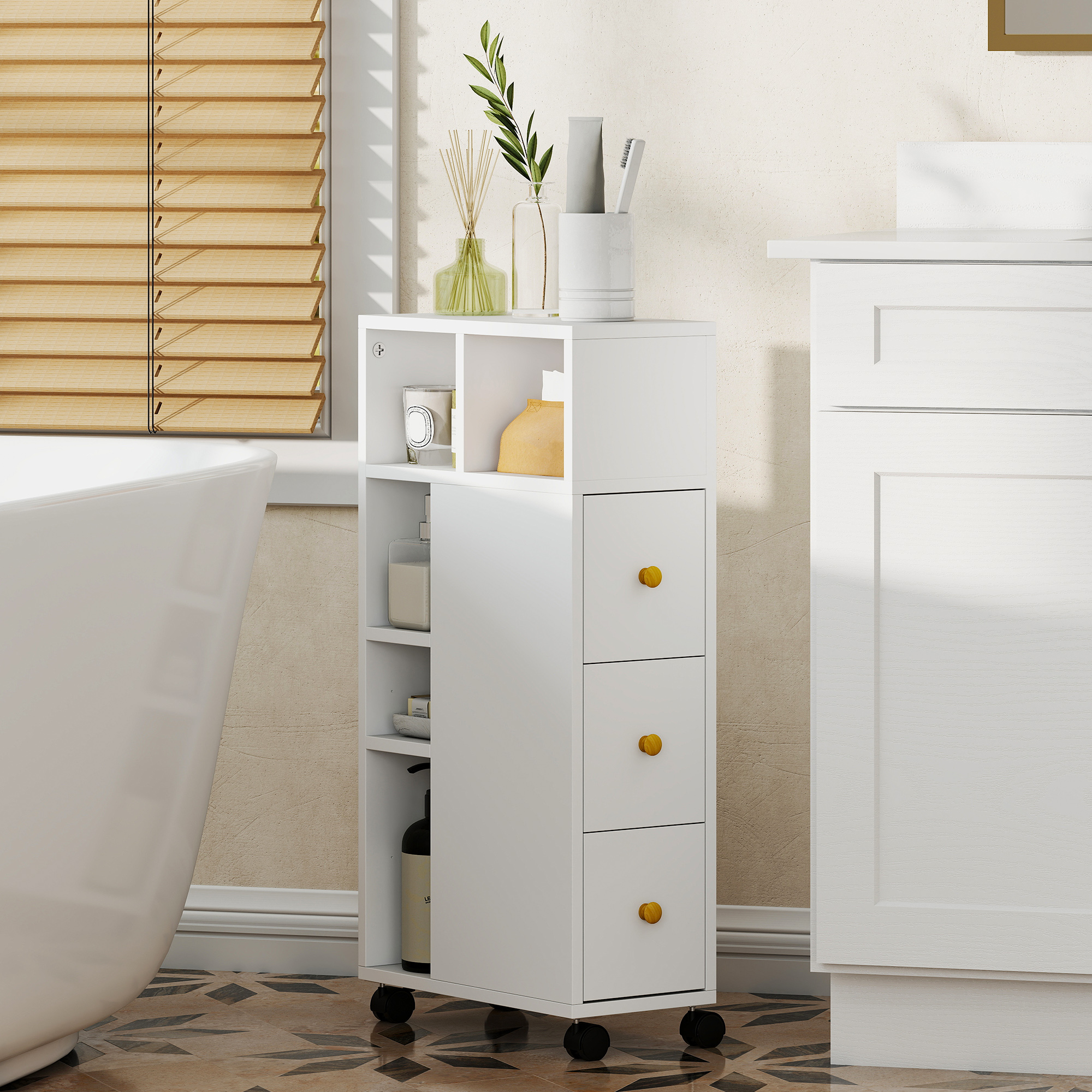 Magán: Meuble de salle de bain à roulettes, meuble de rangement étroit, 3 tiroirs, 5 compartiments ouverts, 20x40x80cm, blanc