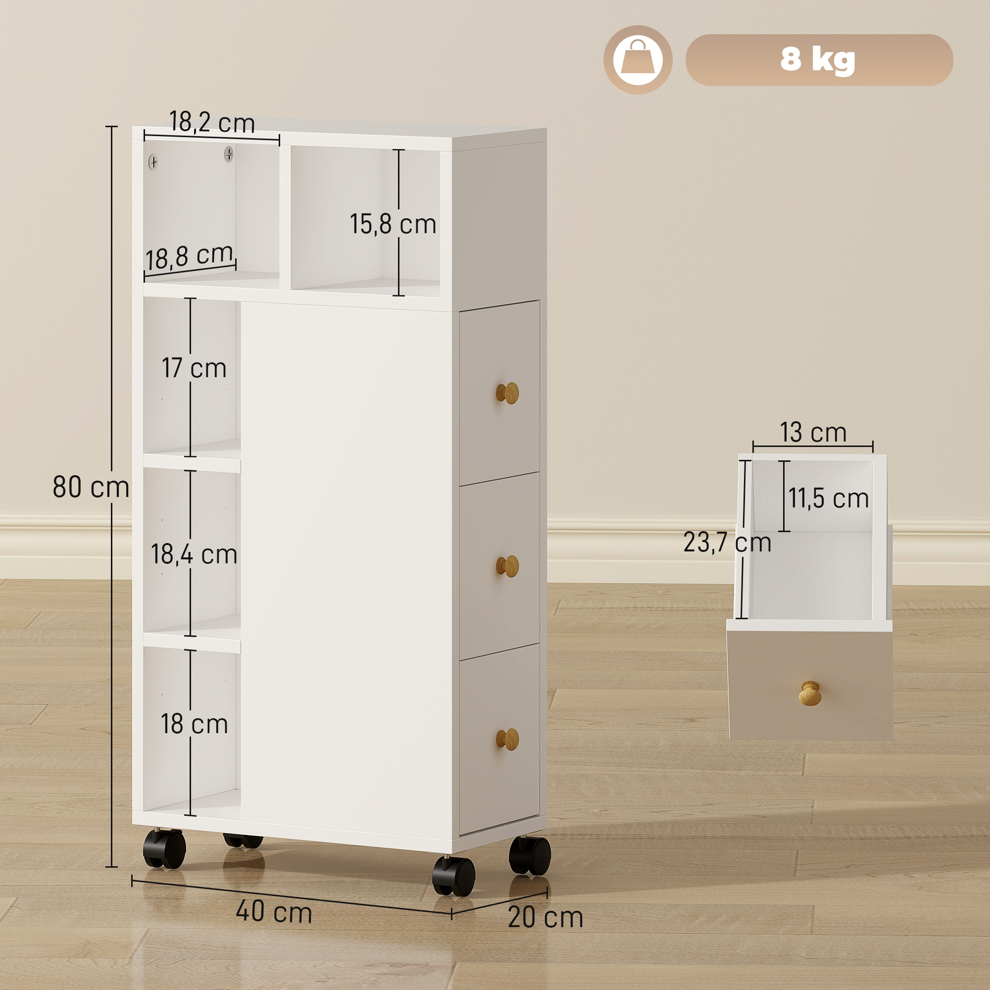 Magán: Meuble de salle de bain à roulettes, meuble de rangement étroit, 3 tiroirs, 5 compartiments ouverts, 20x40x80cm, blanc