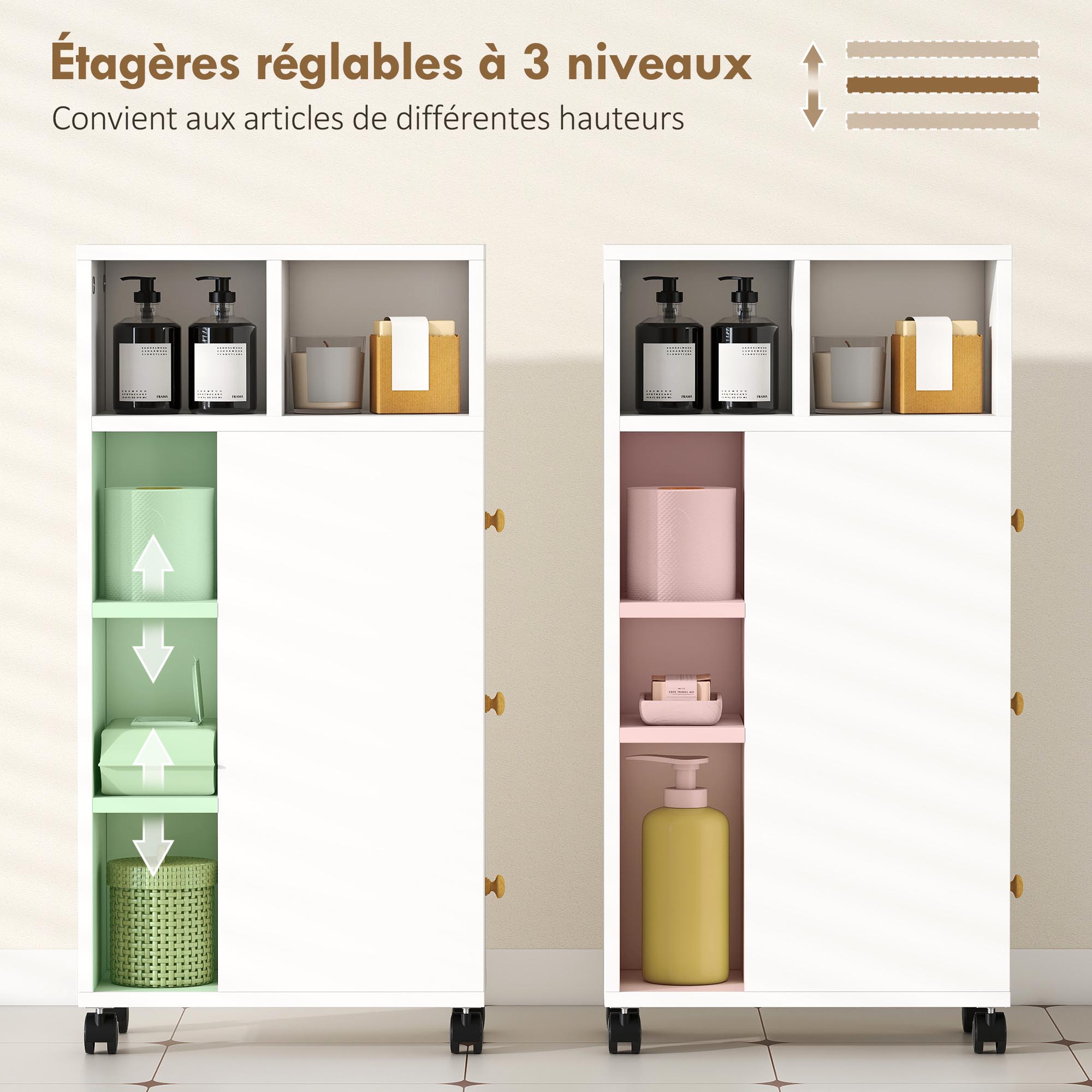 Magán: Meuble de salle de bain à roulettes, meuble de rangement étroit, 3 tiroirs, 5 compartiments ouverts, 20x40x80cm, blanc