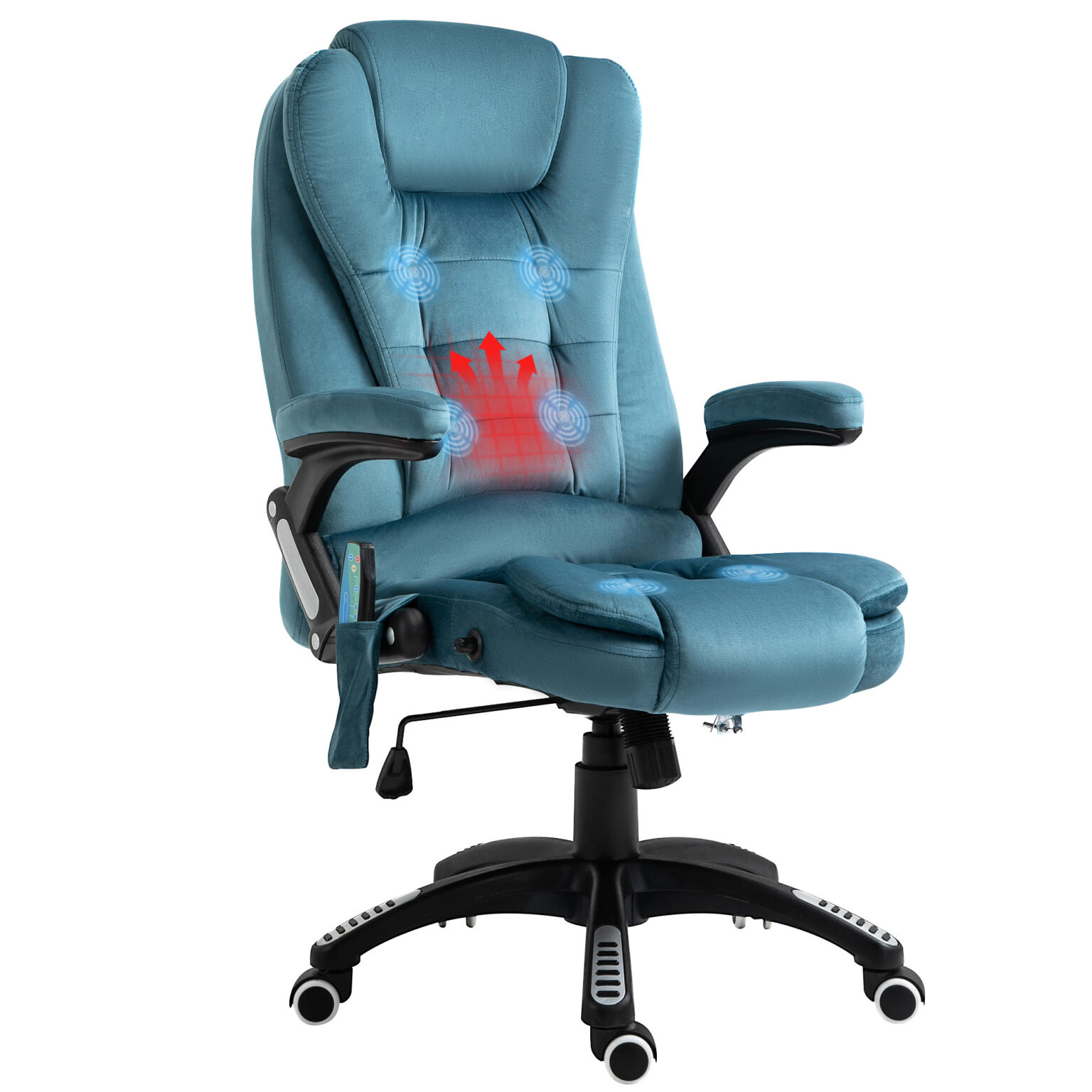 Magán: Fauteuil de bureau massant et chauffant, chaise de bureau, chaise ergonomique avec hauteur réglable, dossier inclinable et télécommande filaire, pivotant à 360° tissu en polyester bleu
