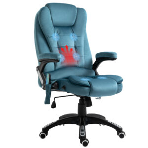 Magán: Fauteuil de bureau massant et chauffant, chaise de bureau, chaise ergonomique avec hauteur réglable, dossier inclinable et télécommande filaire, pivotant à 360° tissu en polyester bleu