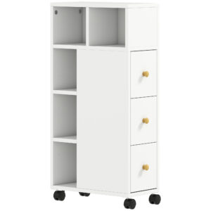 Magán: Meuble de salle de bain à roulettes, meuble de rangement étroit, 3 tiroirs, 5 compartiments ouverts, 20x40x80cm, blanc