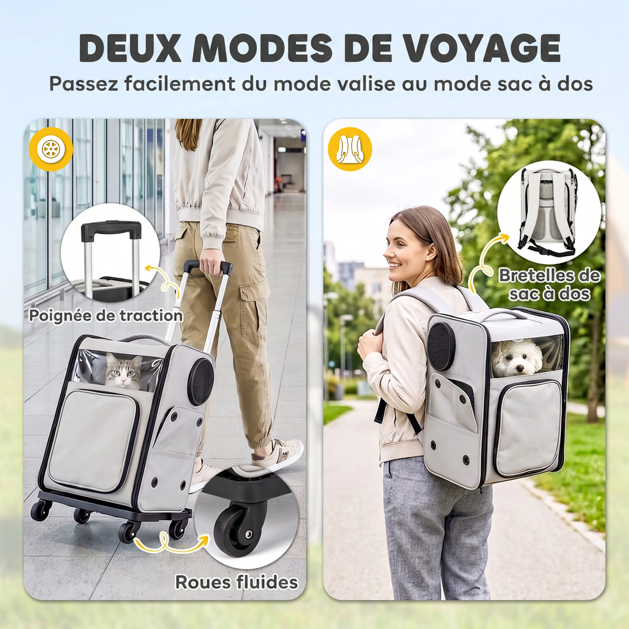 Magán: Sac de Transport pour Chat 2-en-1 à Roulettes Pliable Extensible Ventilé Soutien Lombaire Respirant 34x28x43cm Gris