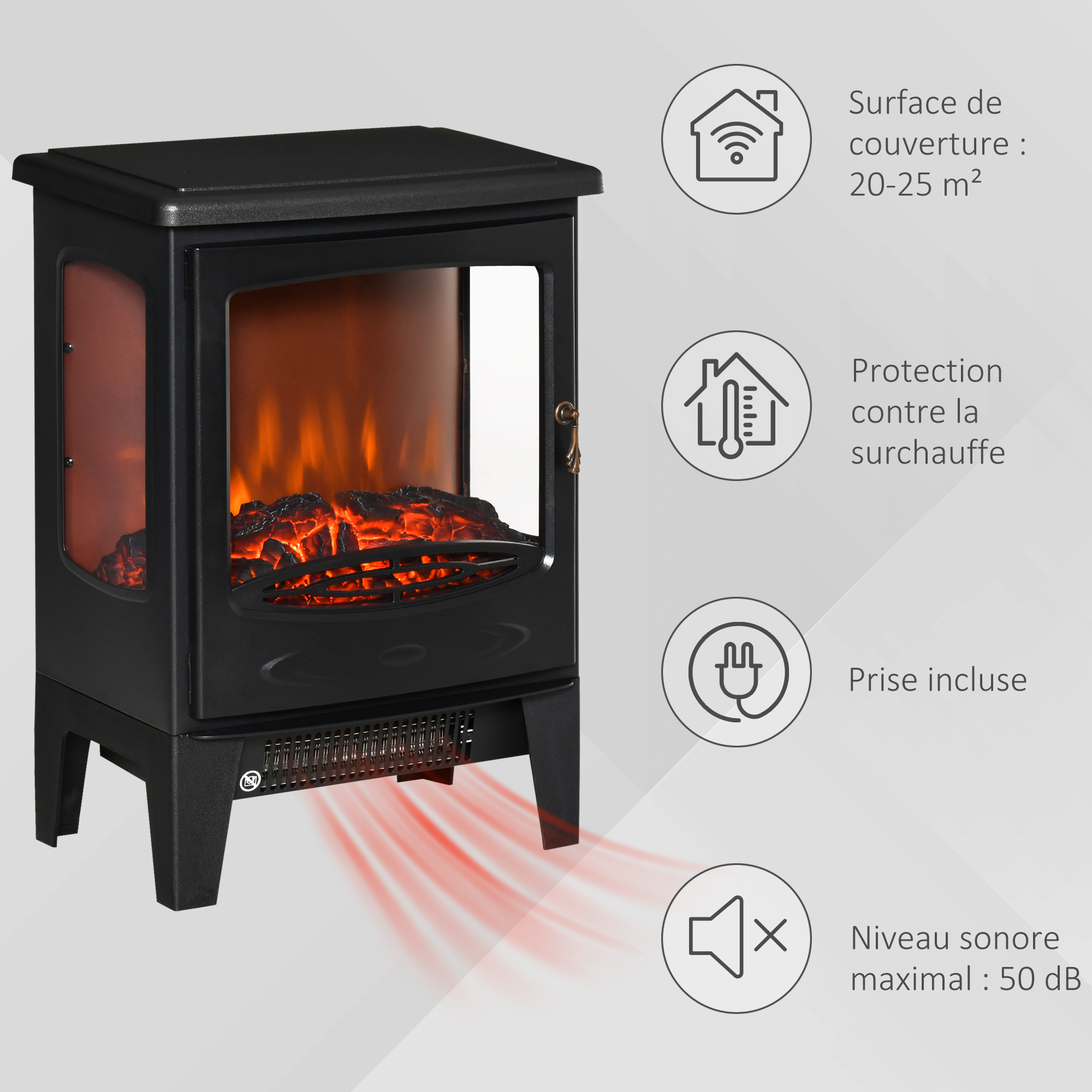 Magán: Cheminée électrique poêle Style néo-rétro 900-1800 W Simulation Flammes LED luminosité réglable Acier ABS Noir