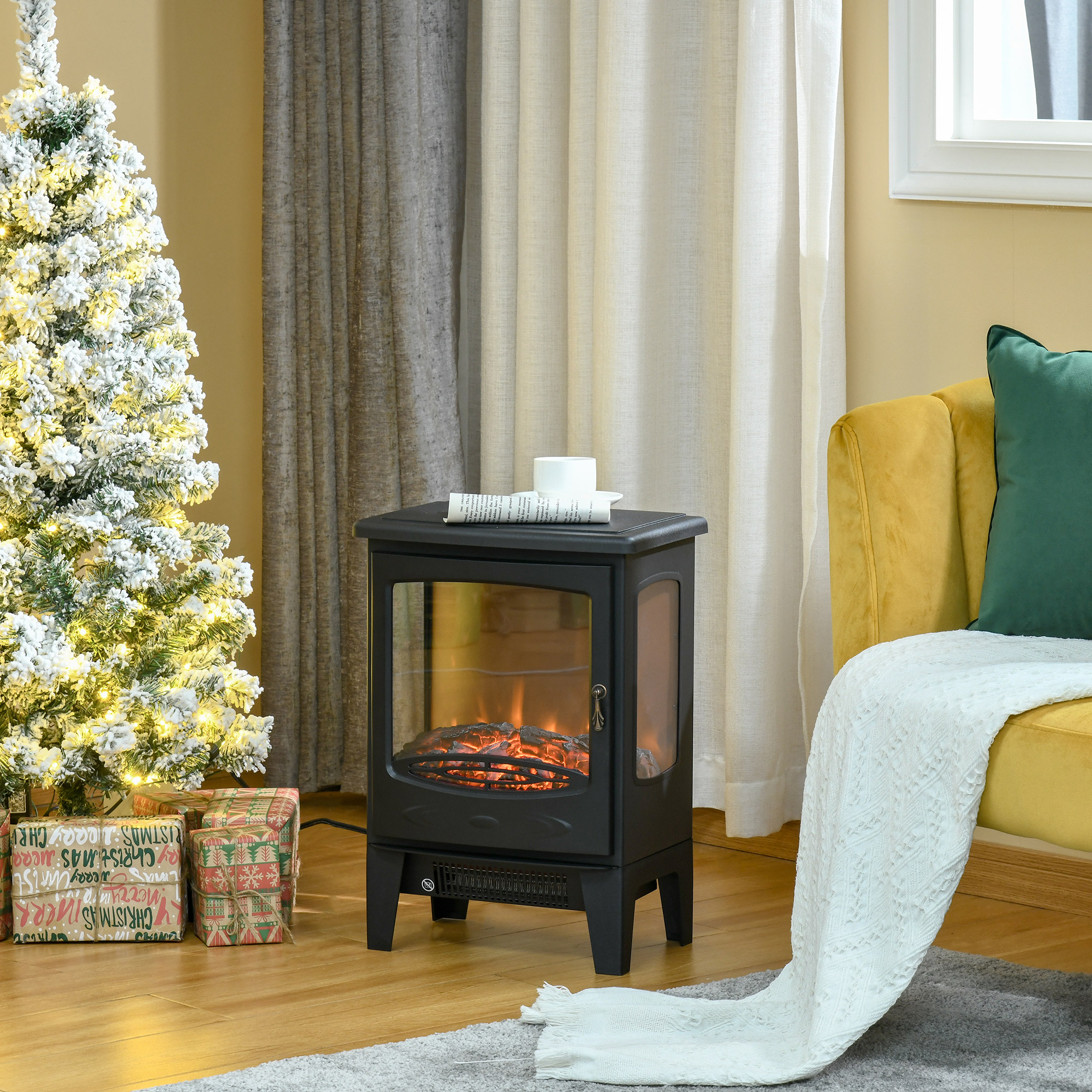 Magán: Cheminée électrique poêle Style néo-rétro 900-1800 W Simulation Flammes LED luminosité réglable Acier ABS Noir